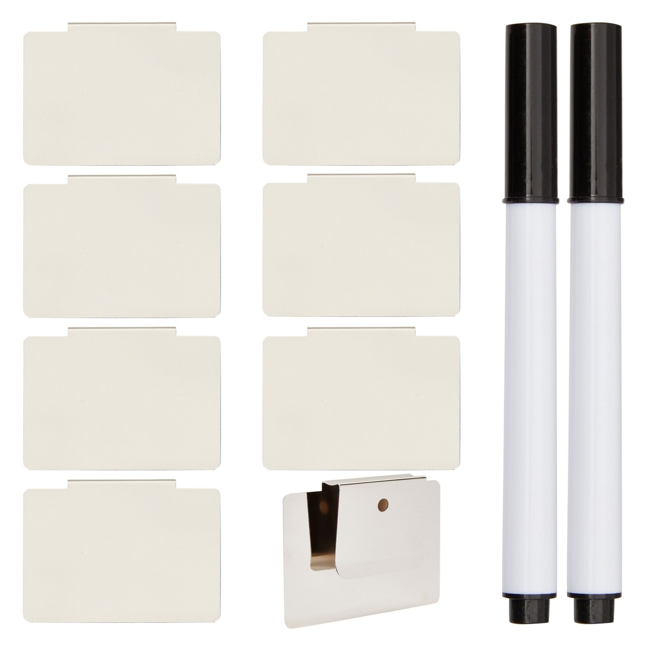 8 Pack Clip On Metal Basket Labels for Storage Bins with 2 Black Markers (3.5 x 2.5 In)